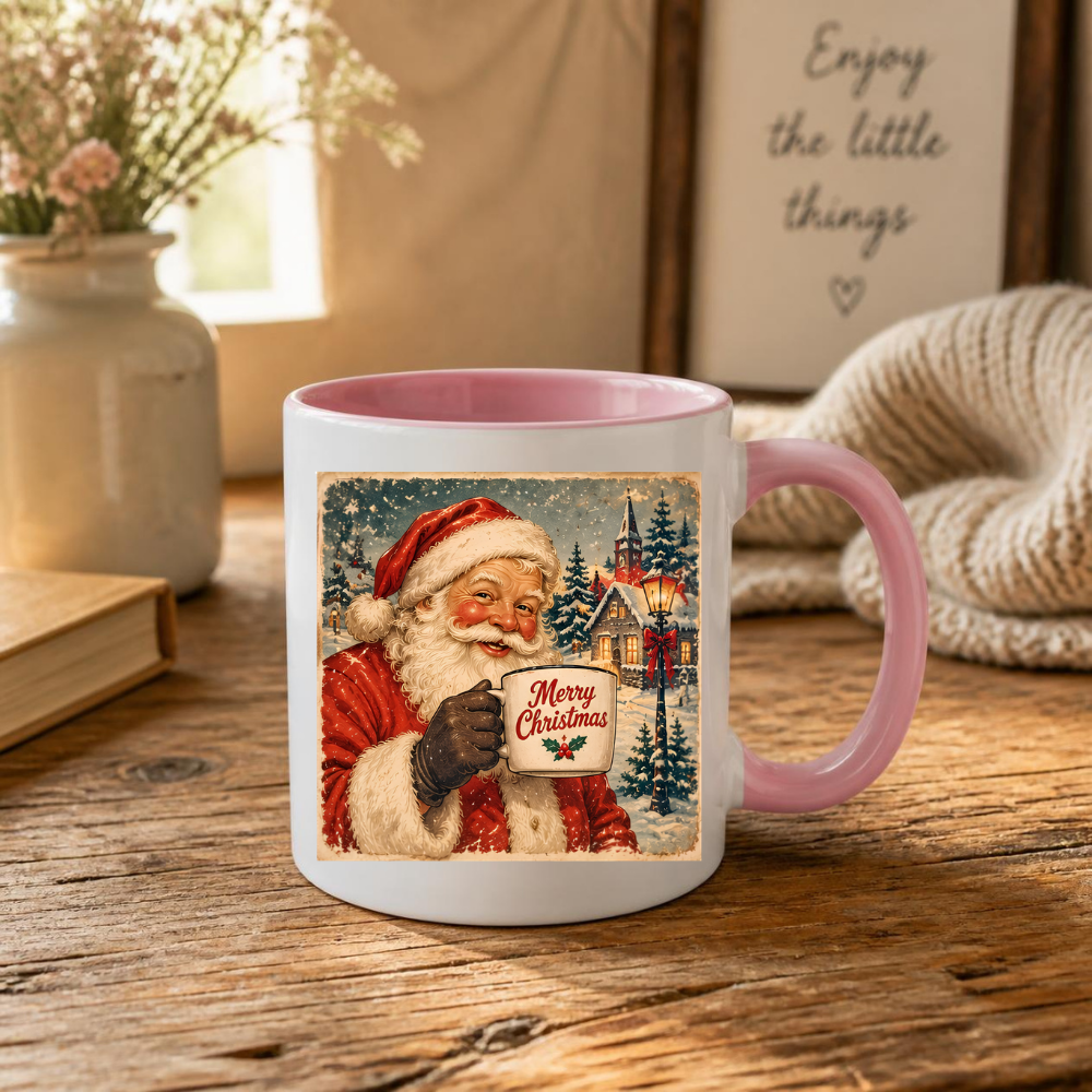 Vintage Santa Claus Mug "Merry Christmas" Merry Christmas 325ml Ceramic Coffee Mug – Vintage Santa Claus Holding Coffee Mug in Snowy Village with Streetlamp | Festive Holiday Gift | Fast Dispatch by UK Seller (M3415)