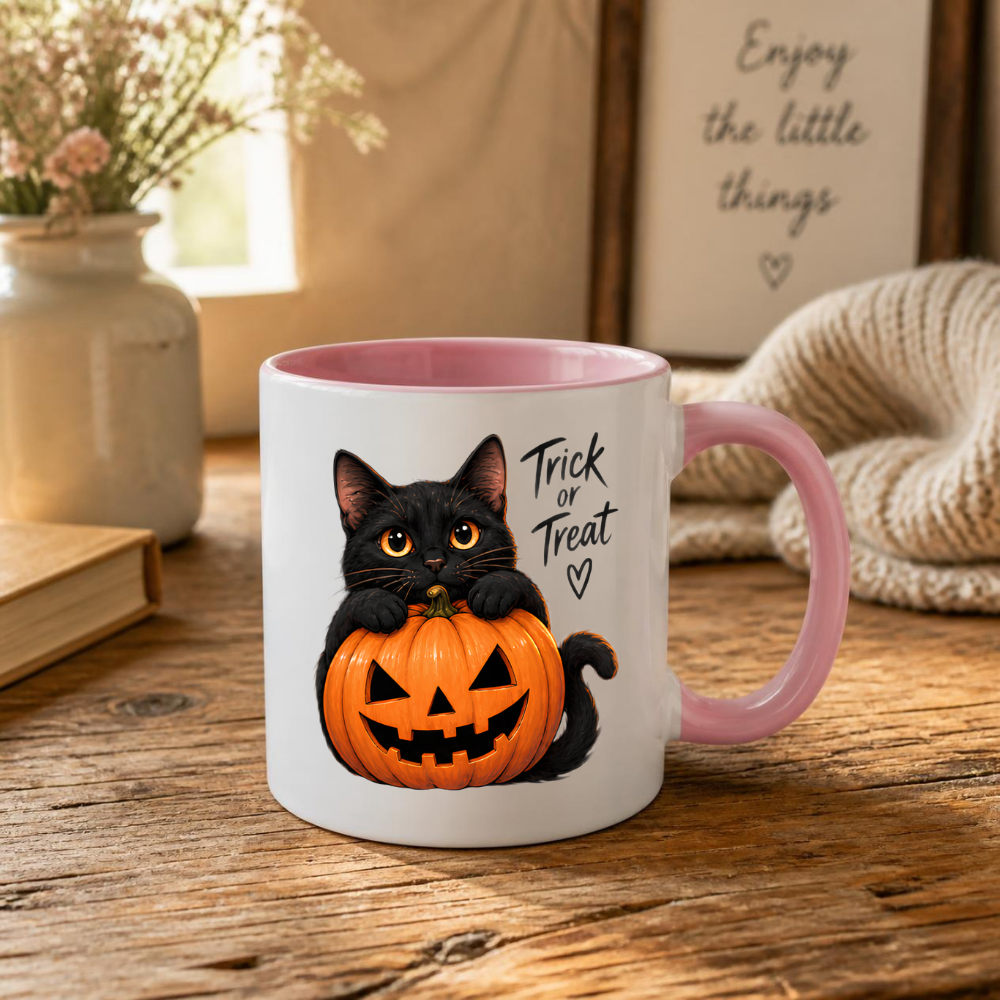 Halloween Mug "Black Cat Pumpkin Trick or Treat" Black Cat Pumpkin Trick or Treat 325ml Ceramic Coffee Mug – Cute Halloween Autumn Tea Cup With Black Kitty Jack O Lantern Graphic Gift | Available in Multicolours | Fast Dispatch by UK Seller (M3223)
