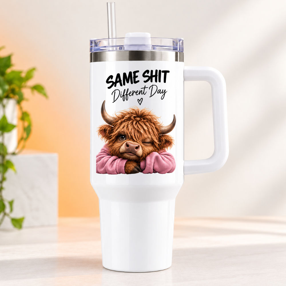 Funny Sassy Highland Cow Travel Tumbler "Same Shit Different Day" Graphic 40oz Stainless Steel Insulated Travel Mug with Handle & Straw – Moody Cow in Pink Jumper Novelty Travel Cup | Fast Dispatch by UK Seller (T3029)
