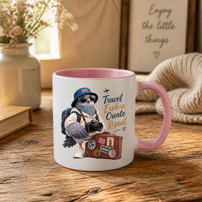Travel Mug "Travel Explore Create Repeat Cool Pigeon" 325ml Ceramic Coffee Mug – Cool Traveller Pigeon Camera Bucket Hat Union Jack Suitcase Sneakers Gift For Tourists Photographers | Available in Multicolours | Fast Dispatch by UK Seller (M3235)