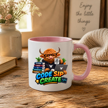 Coding Mug "Code Sip Create Highland Cow" 325ml Ceramic Coffee Mug – Cute Highland Cow Developer with Glasses Books Laptop Code Brew Repeat Cup Tech Gift For Programmers Coders | Available in Multicolours | Fast Dispatch by UK Seller (M3229)