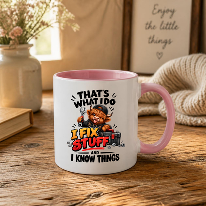 Mechanic Highland Cow Mug "That's What I Do I Fix Stuff" That's What I Do I Fix Stuff And I Know Things 325ml Ceramic Coffee Mug – Cute Handy Highland Cow with Wrench & Toolbox | Funny DIY Handyman Gift | Fast Dispatch by UK Seller (M3456)