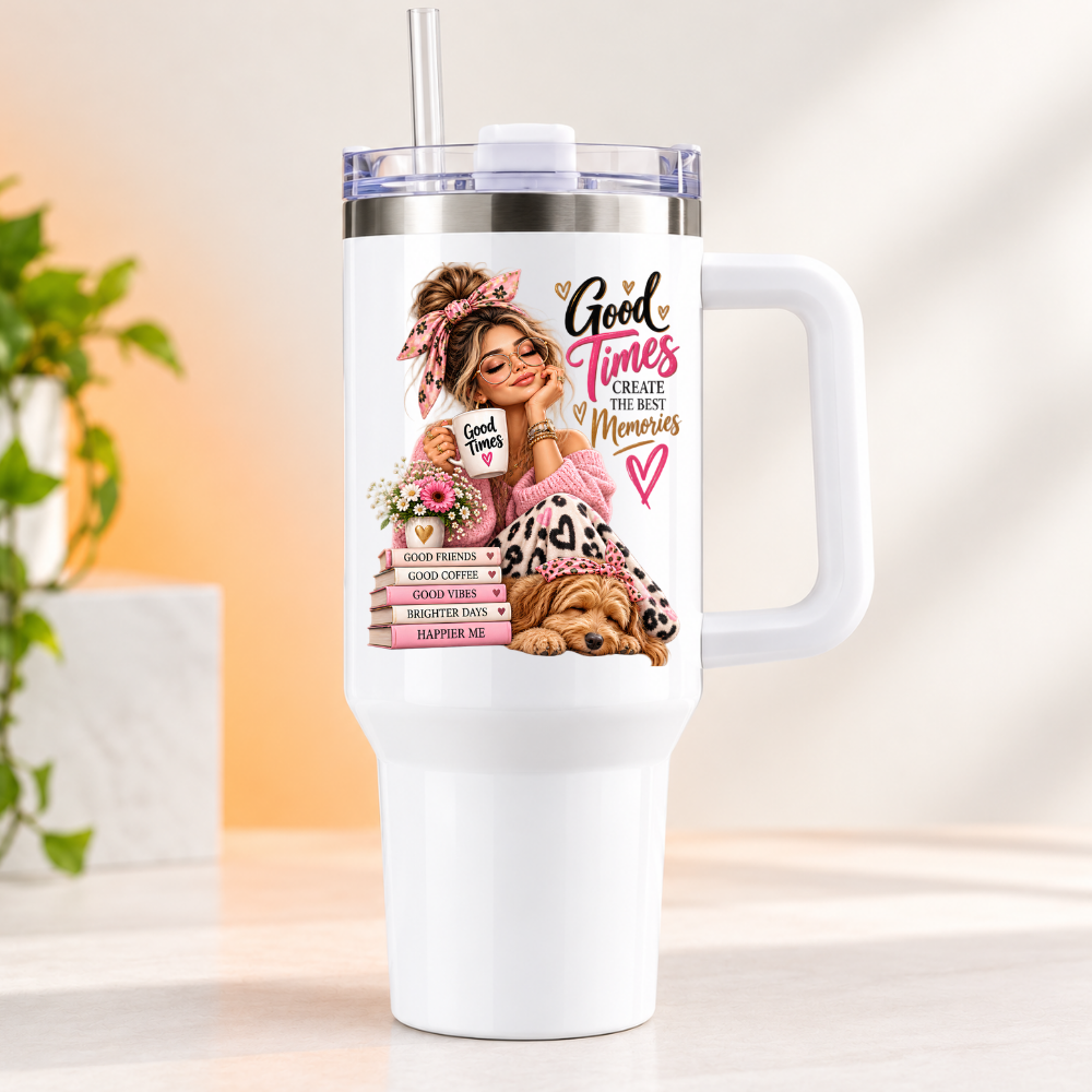 Cozy Lifestyle Travel Tumbler "Good Times Create The Best Memories" Graphic 40oz Stainless Steel Insulated Travel Mug with Handle & Straw – Girl in Pink Sweater with Dog, Flowers & Stacked Books Novelty Travel Cup | Fast Dispatch by UK Seller (T3019)