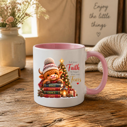Christmas Mug "Let Your Faith Be Bigger Than Your Fears Highland Cow" 325ml Ceramic Coffee Mug – Highland Cow Mug With Books Christmas Tree Lantern Christian Holiday Gift | Available in Multicolours | Fast Dispatch by UK Seller (M3306)