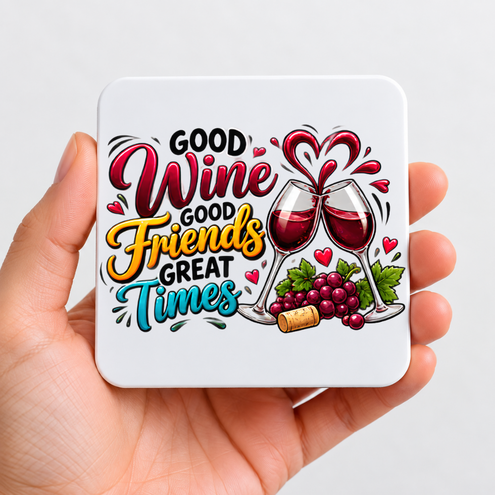 Best Friends Wine Coaster "Good Wine Good Friends Great Times" Graphic Glossy Hardboard 9x9cm Drinks Mat – Clinking Wine Glasses, Grapes & Cork Bestie Holiday Tableware Gift | Fast Dispatch by UK Seller (C3067)