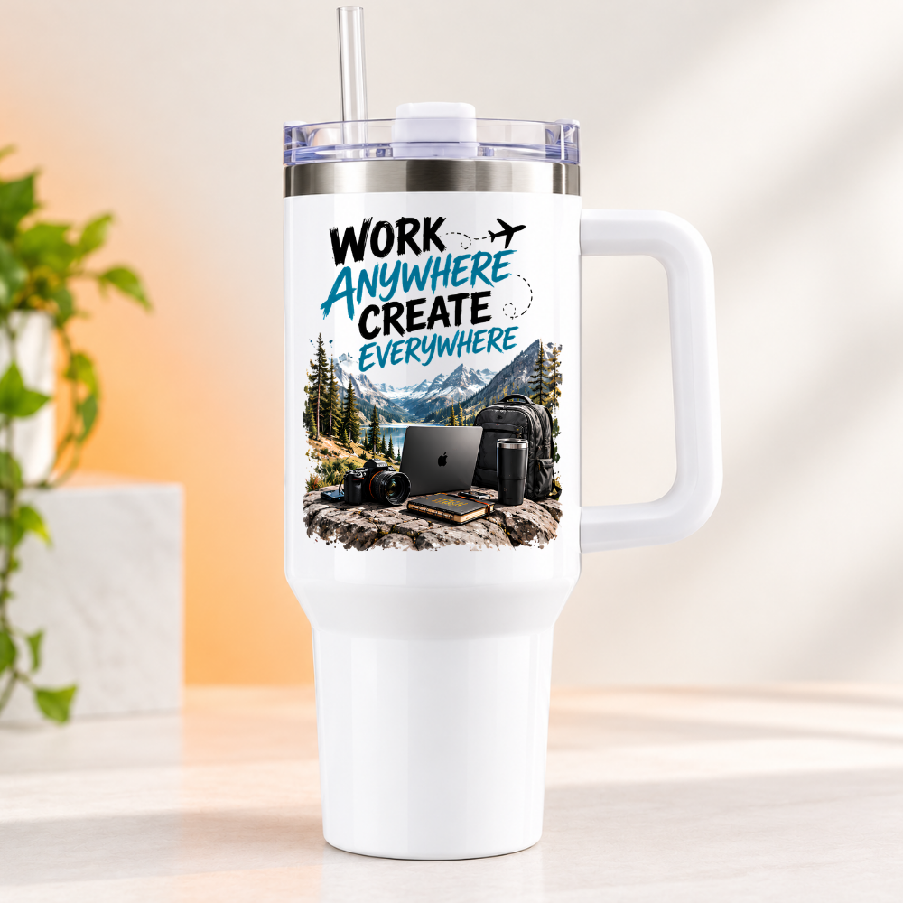 Digital Nomad Travel Tumbler "Work anywhere create everywhere" Graphic 40oz Stainless Steel Insulated Travel Mug with Handle & Straw – Mountain Lake Remote Workspace, Laptop, Camera & Backpack Gift for Travelers | Fast Dispatch by UK Seller (T3056)