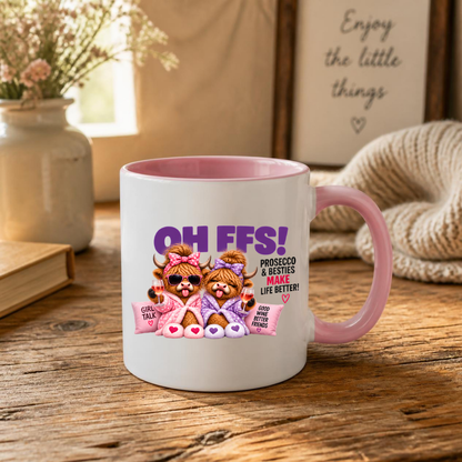 Prosecco Besties Highland Cows Mug "OH FFS! Prosecco & Besties Make Life Better" Oh Ffs! Prosecco & Besties 325ml Ceramic Coffee Mug – Cute Highland Cows in Bathrobes with Wine Glasses & Pillows | Funny Bestie Gift | Fast Dispatch by UK Seller (M3368)