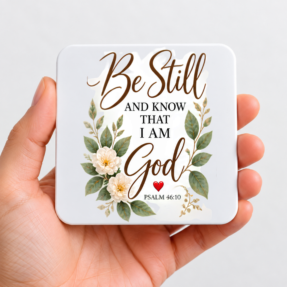 Inspirational Religious Hardboard Coaster "Be Still And Know That I Am God" Graphic 9cm x 9cm Square Drinks Coaster “Botanical Green Leaves with Cream Floral Blossoms Novelty Mat | Christian Glossy Gift | Fast Dispatch by UK Seller (C3047)