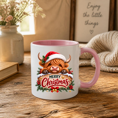 Christmas Mug "Peeking Santa Hat Highland Cow" Peeking Santa Hat Highland Cow 325ml Ceramic Coffee Mug – Cute Festive Wooden Sign Tea Cup With Holly Jingle Bells Graphic Present | Available in Multicolours | Fast Dispatch by UK Seller (M3171)