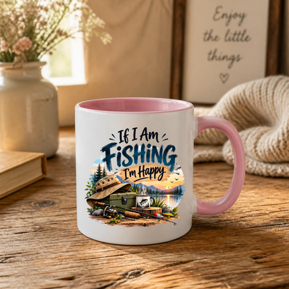 Fishing Mug "If I Am Fishing I’m Happy" Angler Ceramic Coffee Cup 350ml, Fishing Rod Lake Sunset Outdoor Hobby Novelty Gift for Fisherman Dad Grandad Husband Boyfriend, Birthday Christmas Fathers Day Secret Santa | Fast Dispatch by UK Seller (M1054)