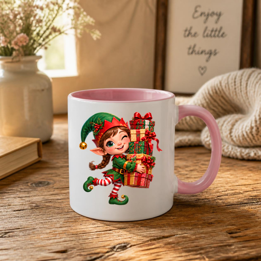 Christmas Mug "Winking Christmas Elf Stacked Presents" Winking Christmas Elf 325ml Ceramic Coffee Mug – Cute Festive Tea Cup with Elf Outfit Jingle Bells Wrapped Gift Stack Graphic Gift | Available in Multicolours | Fast Dispatch by UK Seller (M3183)