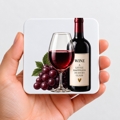 Elegant Wine Hardboard Coaster "Wine A Little Happiness in Every Glass" Graphic 9cm x 9cm Square Drinks Coaster “ Red Wine Bottle & Glass with Purple Grapes Novelty Mat | Elegant Glossy Gift for Wine Lovers | Fast Dispatch by UK Seller (C3015)