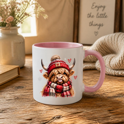 Highland Cow Winter Scarf Mug "Cozy Winter Highland Cow" Cozy Winter Highland Cow 325ml Ceramic Coffee Mug – Cute Highland Cow in Red Pom-Pom Beanie & Matching Tartan Scarf with Snowflakes & Hearts | Winter Gift | Fast Dispatch by UK Seller (M3396)
