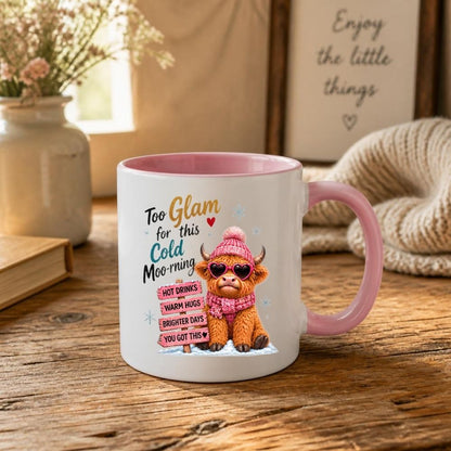 Sassy Mug "Too Glam for this Cold Moo-rning" Highland Cow 325ml Ceramic Coffee Mug Cute Winter Tea Cup with Heart Sunglasses, Pink Beanie & Motivational Sign Gift | Available in Multicolours | Fast Dispatch by UK Seller (M1297)