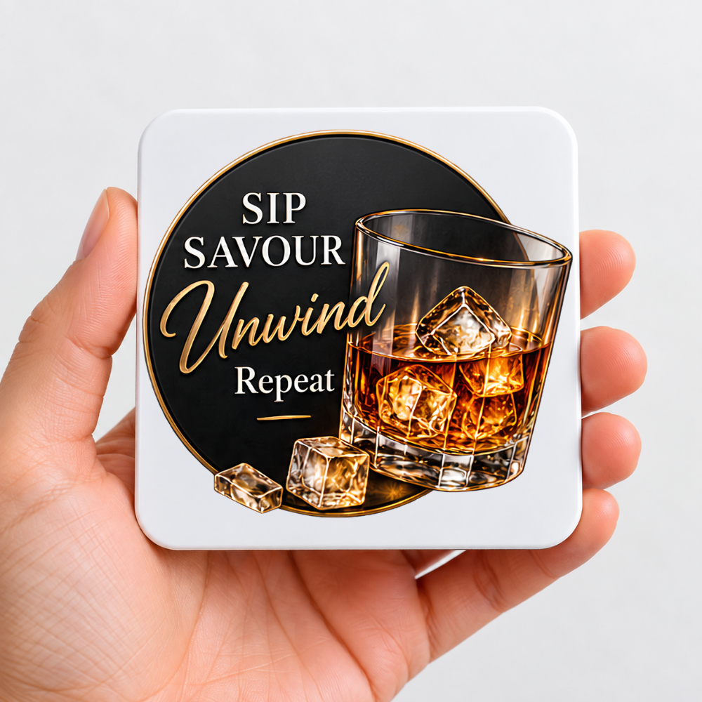 Sophisticated Whiskey Hardboard Coaster "Sip Savour Unwind Repeat" Graphic 9cm x 9cm Square Drinks Coaster  "Tumbler Glass with Ice Cubes & Gold Rim Circular Frame Novelty Mat | Elegant Glossy Gift for Whiskey Lovers | Fast Dispatch by UK Seller (C3009)