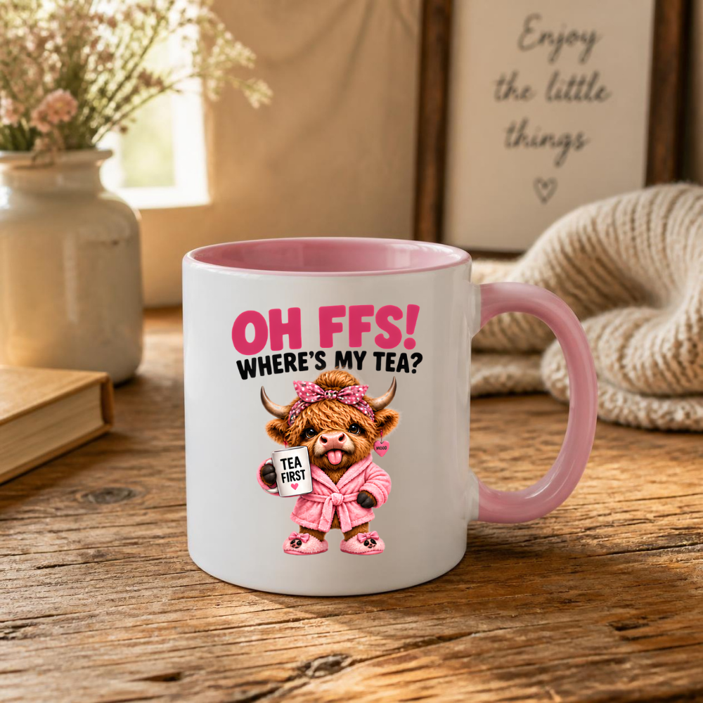 Highland Cow Tea Mug "OH FFS! Where's My Tea?" Oh Ffs! Where's My Tea? 325ml Ceramic Coffee Mug – Cute Highland Cow in Pink Bathrobe with Polka-Dot Bow, Slippers & Tea First Mug | Funny Gift | Fast Dispatch by UK Seller (M3378)