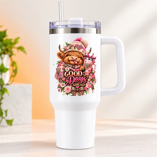 Cute Highland Cow Travel Tumbler "Good Days Ahead" Graphic 40oz Stainless Steel Insulated Travel Mug with Handle & Straw â€“ Winter Calf in Pink Bobble Hat, Leopard Scarf & Pink Travel Mug Novelty Travel Cup | Fast Dispatch by UK Seller (T3004)