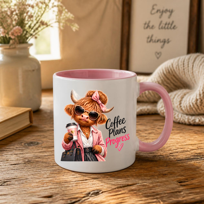 Highland Cow Mug "Coffee Plans Progress Highland Cow" 325ml Ceramic Coffee Mug – Chic Highland Cow in Pink Blazer, Hair Bow Sunglasses Holding Coffee Cup Designer Bag Work Office Gift | Available in Multicolours | Fast Dispatch by UK Seller (M3278)