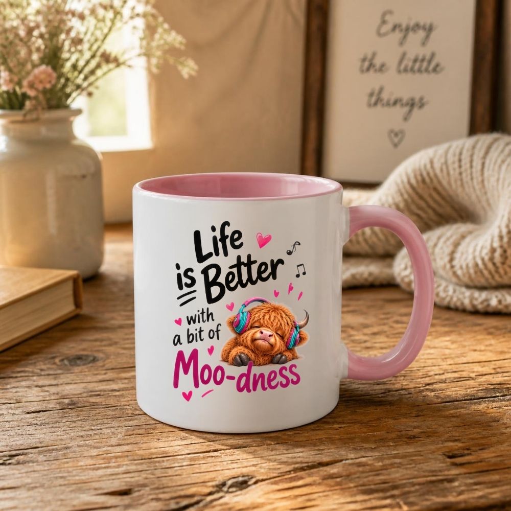 Inspiring Mug "Life is Better with a bit of Moo-dness" Highland Cow 325ml Ceramic Coffee Mug Cute Animal Tea Cup with Headphones, Music Notes & Hearts Gift | Available in Multicolours | Fast Dispatch by UK Seller (M1290)