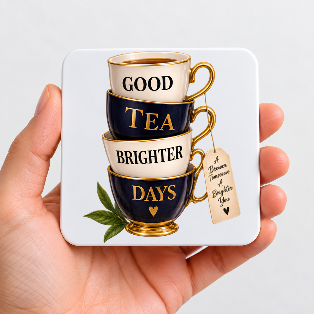 Charming Tea Stack Hardboard Coaster "Good Tea Brighter Days" Graphic 9cm x 9cm Square Drinks Coaster “Stacked Vintage Blue & White Porcelain Cups with Tea Tag Novelty Mat | Elegant Glossy Gift for Tea Lovers | Fast Dispatch by UK Seller (C3003)