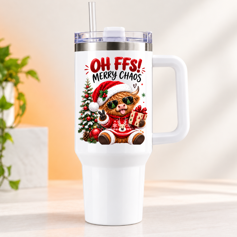 Festive Christmas Highland Cow Travel Tumbler "OH FFS! MERRY CHAOS" Graphic 40oz Stainless Steel Travel Mug with Handle & Straw – Funny Christmas Gift, Secret Santa, Stocking Filler, Cow in Santa Hat & Christmas Jumper | Fast Dispatch by UK Seller (T3046)