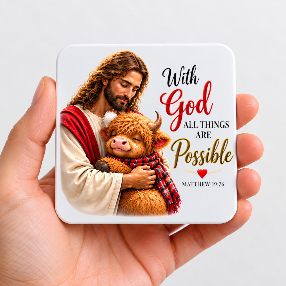 Inspirational Religious Hardboard Coaster "With God All Things Are Possible" Graphic 9cm x 9cm Square Drinks Coaster “ Jesus Embracing Cute