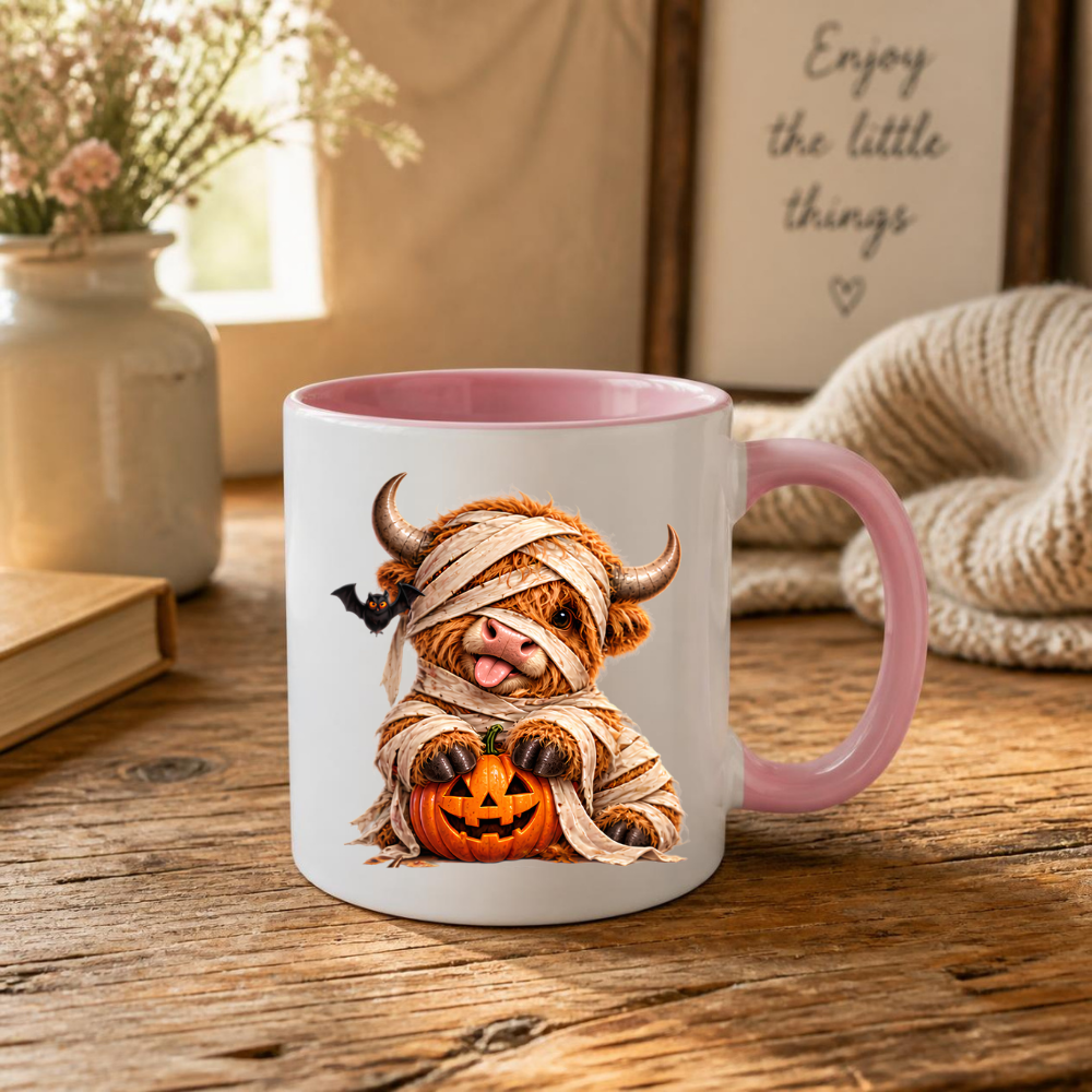 Halloween Mug "Mummy Highland Cow" Mummy Highland Cow 325ml Ceramic Coffee Mug Cute Spooky Halloween Tea Cup with Bandages and Pumpkin Graphic Gift | Available in Multicolours | Fast Dispatch by UK Seller (M3161)
