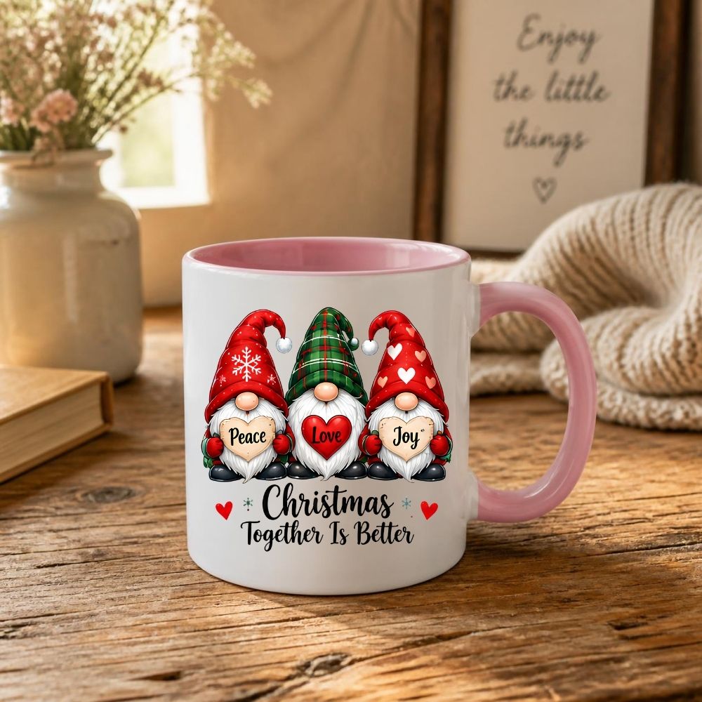 Festive Mug "Peace Love Joy" Trio Gnomes 325ml Ceramic Coffee Mug Christmas Together Is Better Holiday Tea Cup with Hearts & Plaid Hat | Available in Multicolours | Fast Dispatch by UK Seller (M1271)