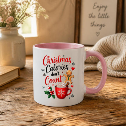 Festive Mug "Christmas Calories don't Count" Gingerbread & Hot Chocolate 325ml Ceramic Coffee Mug – Sweet Winter Holiday Tea Cup with Whipped Cream Holiday Treats | Available in Multicolours | Fast Dispatch by UK Seller (M1267)
