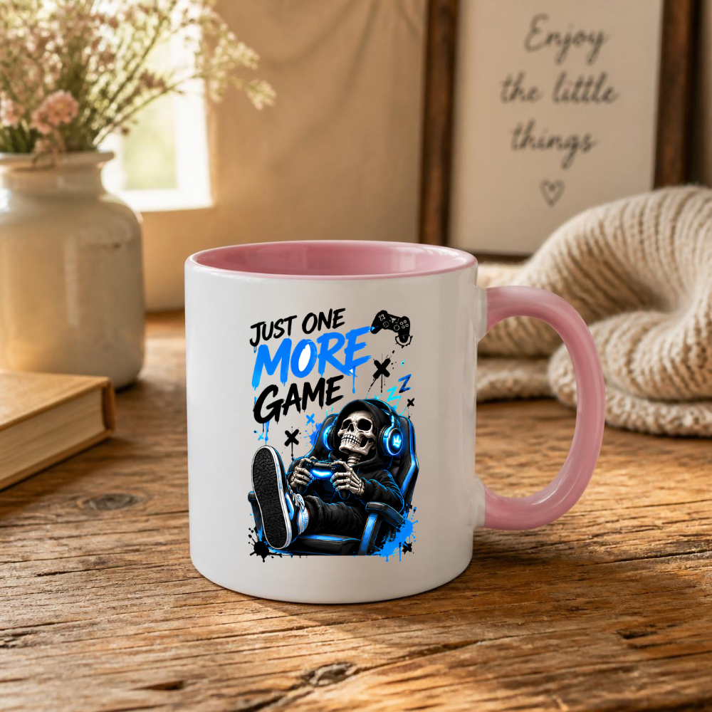 Gaming Mug "Just One More Game" Just One More Game 325ml Ceramic Coffee Mug – Gaming Skeleton in Chair Mug with Controller, Headset & Blue Splatter Art | Gamer Gift | Fast Dispatch by UK Seller (M3344)