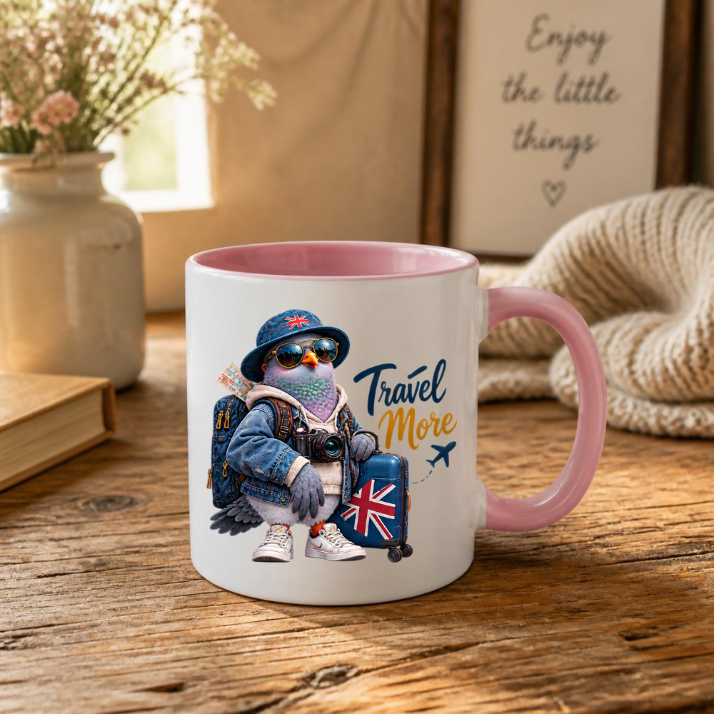 Travel Mug "Travel More Cool Pigeon" 325ml Ceramic Coffee Mug – Cool Traveller Pigeon with Camera, Bucket Hat, Denim Jacket & Union Jack Suitcase Gift For Photographers Globe Trotters | Available in Multicolours | Fast Dispatch by UK Seller (M3241)