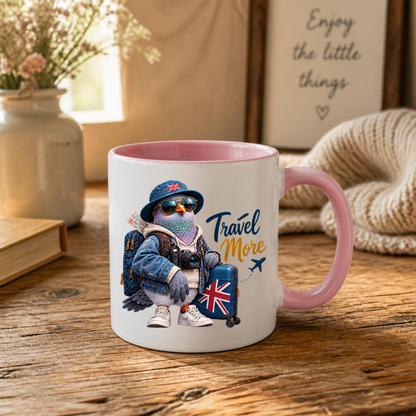 Travel Mug "Travel More Cool Pigeon" 325ml Ceramic Coffee Mug – Cool Traveller Pigeon with Camera, Bucket Hat, Denim Jacket & Union Jack Suitcase Gift For Photographers Globe Trotters | Available in Multicolours | Fast Dispatch by UK Seller (M3241)