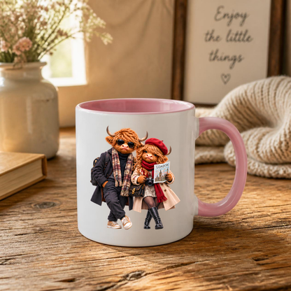 Highland Cow Mug "London Travelers Highland Cow Couple" 325ml Ceramic Coffee Mug – Stylish Highland Cow Couple in Beret, Sunglasses Trench Coats Holding Camera Gift For Travelers Couples | Available in Multicolours | Fast Dispatch by UK Seller (M3260)