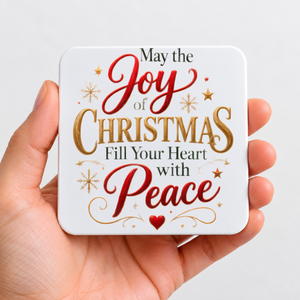 Inspirational Religious Hardboard Coaster "May The Joy Of Christmas Fill Your Heart With Peace" Graphic 9cm x 9cm Square Drinks Coaster "Re
