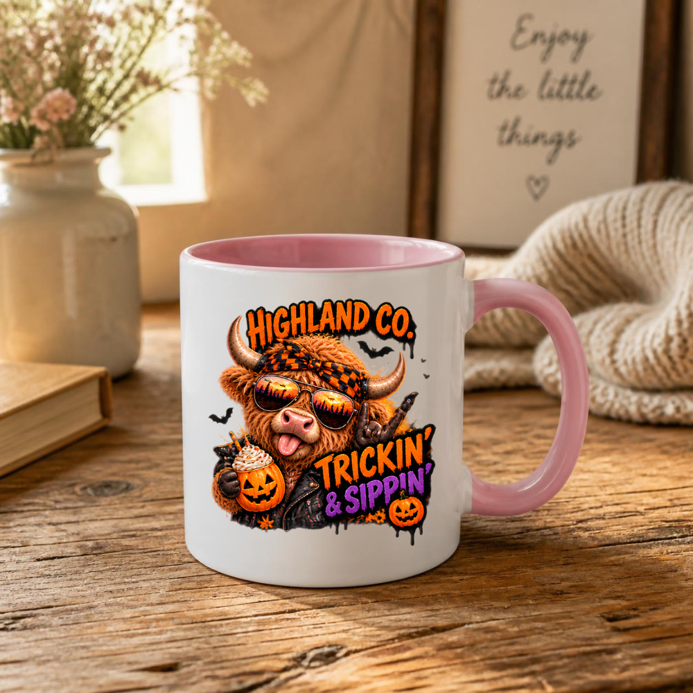 Halloween Mug "Trickin' & Sippin' Highland Co." Trickin' and Sippin' Highland Cow 325ml Ceramic Coffee Mug – Cool Rocker Halloween Tea Cup With Bandana Aviators Graphic Gift | Available in Multicolours | Fast Dispatch by UK Seller (M3177)