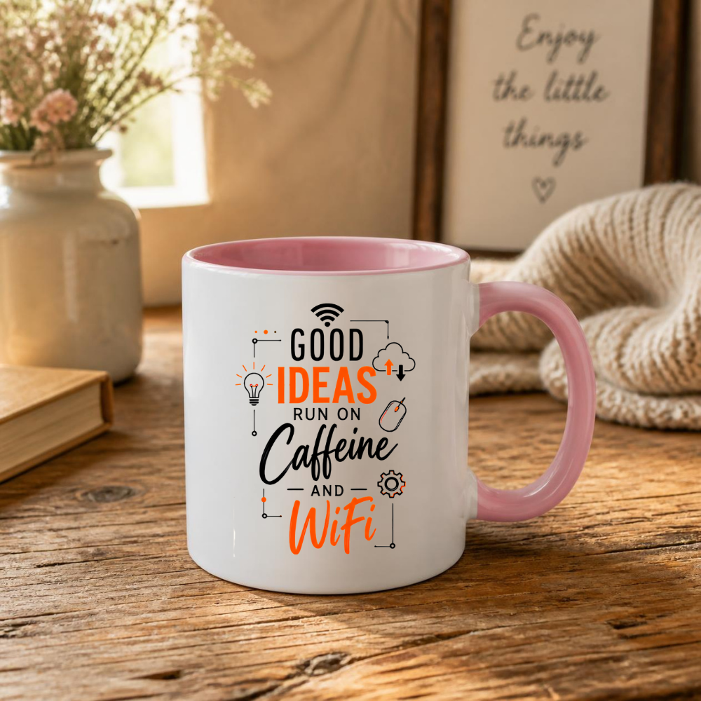 Tech Mug "Good Ideas Run On Caffeine And WiFi" Good Ideas Run On Caffeine And WiFi 325ml Ceramic Coffee Mug – Funny Tech & Office Typography Mug with Lightbulb, Cloud & WiFi Icons | Gift for IT & Remote Workers | Fast Dispatch by UK Seller (M3332)
