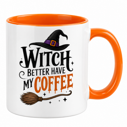 Halloween Mug "Witch Better Have My Coffee" Witch Better Have My Coffee 325ml Ceramic Coffee Mug – Funny Halloween Autumn Tea Cup with Witch Hat Broomstick Sparkles Graphic Gift | Available in Multicolours | Fast Dispatch by UK Seller (M3203)