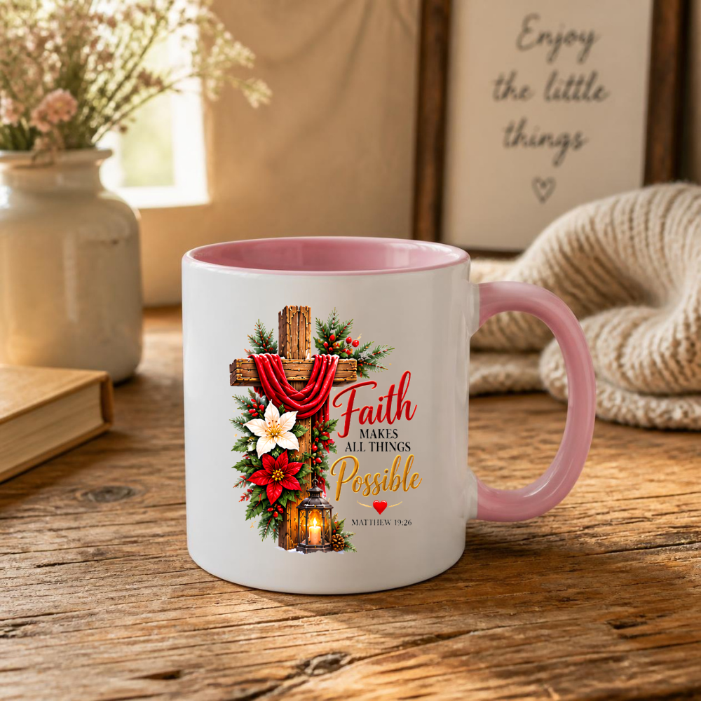 Religious Christmas Mug "Faith Makes All Things Possible" Faith Makes All Things Possible 325ml Ceramic Coffee Mug – Christian Holiday Scripture Mug with Matthew 19:26, Cross, Lantern & Poinsettia | Religious Gift | Fast Dispatch by UK Seller (M3352)