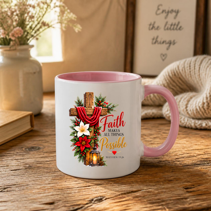Religious Christmas Mug "Faith Makes All Things Possible" Faith Makes All Things Possible 325ml Ceramic Coffee Mug – Christian Holiday Scripture Mug with Matthew 19:26, Cross, Lantern & Poinsettia | Religious Gift | Fast Dispatch by UK Seller (M3352)