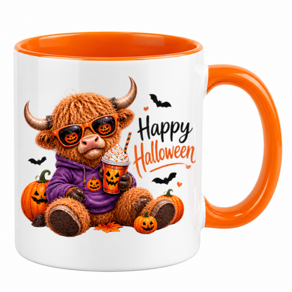 Halloween Mug "Highland Cow Hoodie Happy Halloween" Highland Cow Hoodie Happy Halloween 325ml Ceramic Coffee Mug – Cute Halloween Autumn Tea Cup Purple Hoodie Jack O Lantern Sunglasses Pumpkin Drink Graphic Gift | Fast Dispatch by UK Seller (M3219)