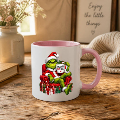 Sarcastic Mug "Naughty But Nice" Green Holiday Character 325ml Ceramic Coffee Mug Funny Grumpy Christmas Tea Cup with Santa Suit & Armchair Gift | Available in Multicolours | Fast Dispatch by UK Seller (M1239)