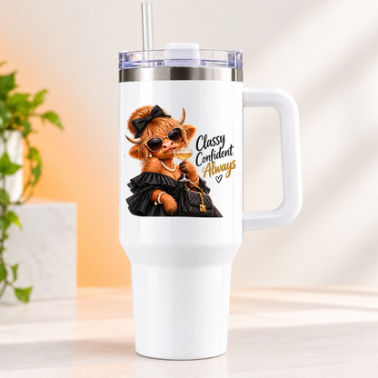 Sassy Highland Cow Travel Tumbler "Classy Confident Always" Graphic 40oz Stainless Steel Insulated Travel Mug with Handle & Straw – Fashion Cow in Black Dress, Pearl Necklace, Sunglasses & Drink Novelty Travel Cup | Fast Dispatch by UK Seller (T3023)