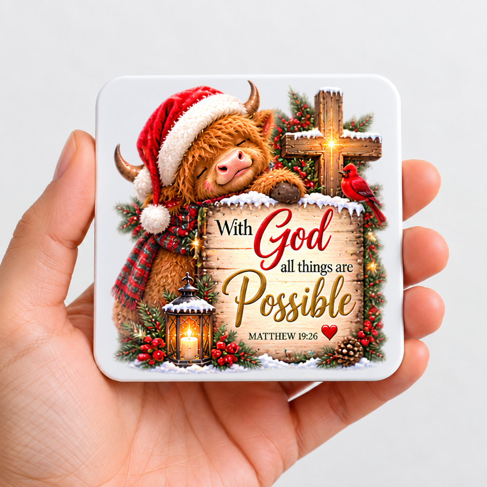 Festive Christian Christmas Coaster "With God All Things Are Possible Matthew 19:26" Graphic Glossy Hardboard 9x9cm Drinks Mat – Highland Cow, Wooden Cross, Lantern & Red Cardinal Holiday Tableware Gift | Fast Dispatch by UK Seller (C3061)