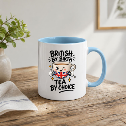 British Tea Mug "BRITISH BY BIRTH TEA BY CHOICE" Funny Tea Cup 325ml Ceramic Coffee Mug Witty Union Jack Tea Cup with Cartoon Character Gift | Available in Multicolours | Fast Dispatch by UK Seller (M3001)