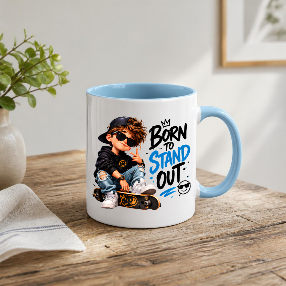 Skater Mug "Born To Stand Out" 325ml Ceramic Coffee Tea Cup – Cool Boy Graphic, Sunglasses, Skateboard & Slogan Novelty Gift for Teens, Bestie, Birthday – Fast Dispatch by UK Seller (M3498)