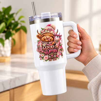 Cute Highland Cow Travel Tumbler "Good Days Ahead" Graphic 40oz Stainless Steel Insulated Travel Mug with Handle & Straw â€“ Winter Calf in Pink Bobble Hat, Leopard Scarf & Pink Travel Mug Novelty Travel Cup | Fast Dispatch by UK Seller (T3004)