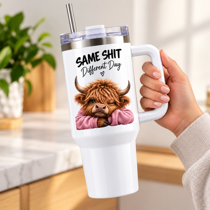 Funny Sassy Highland Cow Travel Tumbler "Same Shit Different Day" Graphic 40oz Stainless Steel Insulated Travel Mug with Handle & Straw – Moody Cow in Pink Jumper Novelty Travel Cup | Fast Dispatch by UK Seller (T3029)