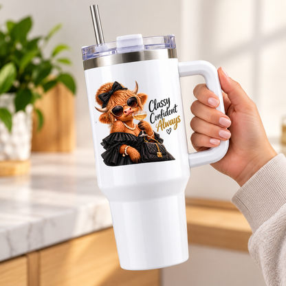 Sassy Highland Cow Travel Tumbler "Classy Confident Always" Graphic 40oz Stainless Steel Insulated Travel Mug with Handle & Straw – Fashion Cow in Black Dress, Pearl Necklace, Sunglasses & Drink Novelty Travel Cup | Fast Dispatch by UK Seller (T3023)