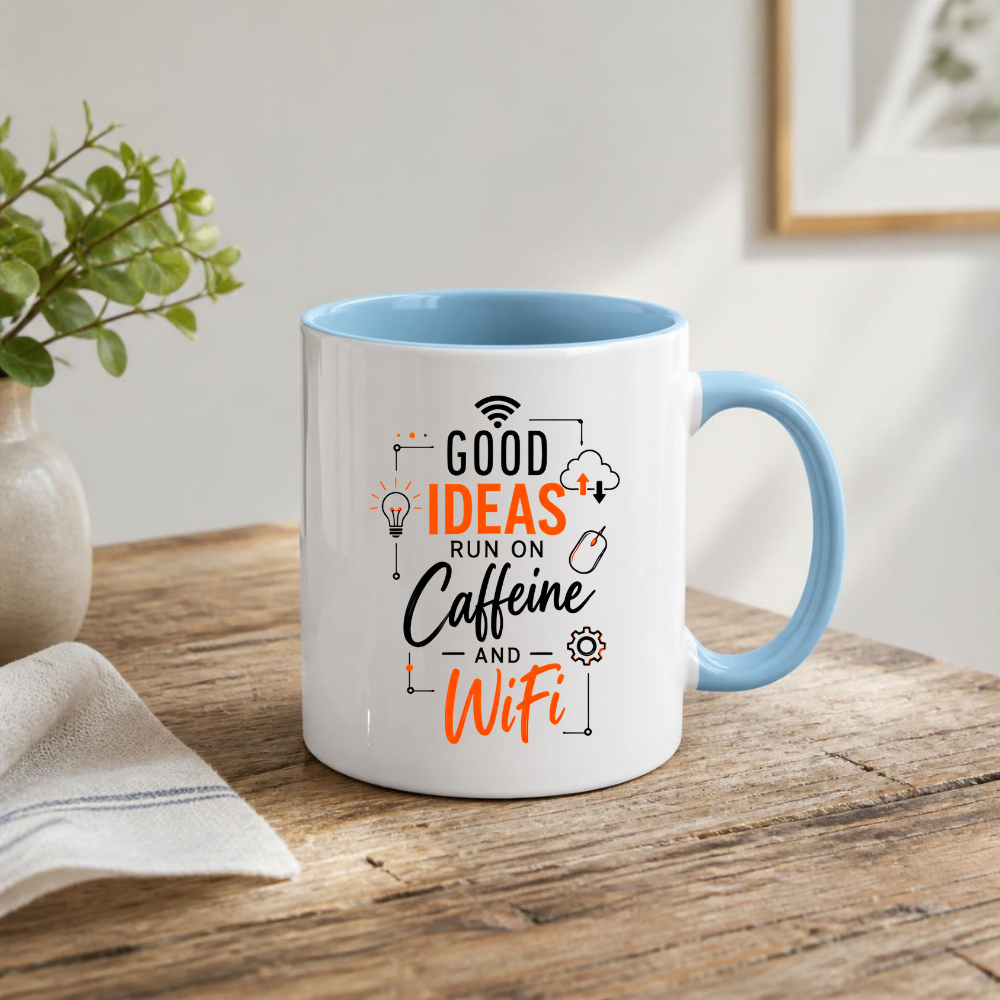 Tech Mug "Good Ideas Run On Caffeine And WiFi" Good Ideas Run On Caffeine And WiFi 325ml Ceramic Coffee Mug – Funny Tech & Office Typography Mug with Lightbulb, Cloud & WiFi Icons | Gift for IT & Remote Workers | Fast Dispatch by UK Seller (M3332)