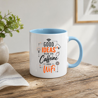 Tech Mug "Good Ideas Run On Caffeine And WiFi" Good Ideas Run On Caffeine And WiFi 325ml Ceramic Coffee Mug – Funny Tech & Office Typography Mug with Lightbulb, Cloud & WiFi Icons | Gift for IT & Remote Workers | Fast Dispatch by UK Seller (M3332)